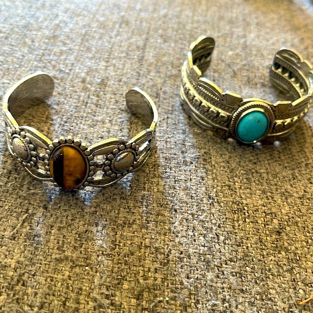 2 Silver Toned Cuff Bracelets Faux Tibetan Tiger’s Eye & Silver Turquoise